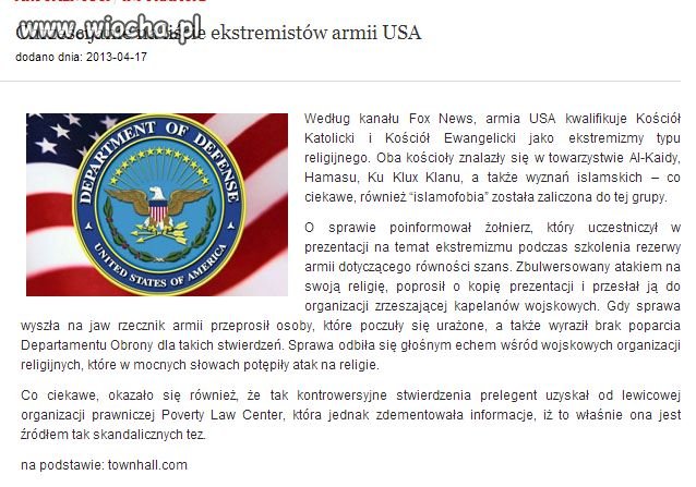 Chrześcijanie na liście ekstremistów armii USA