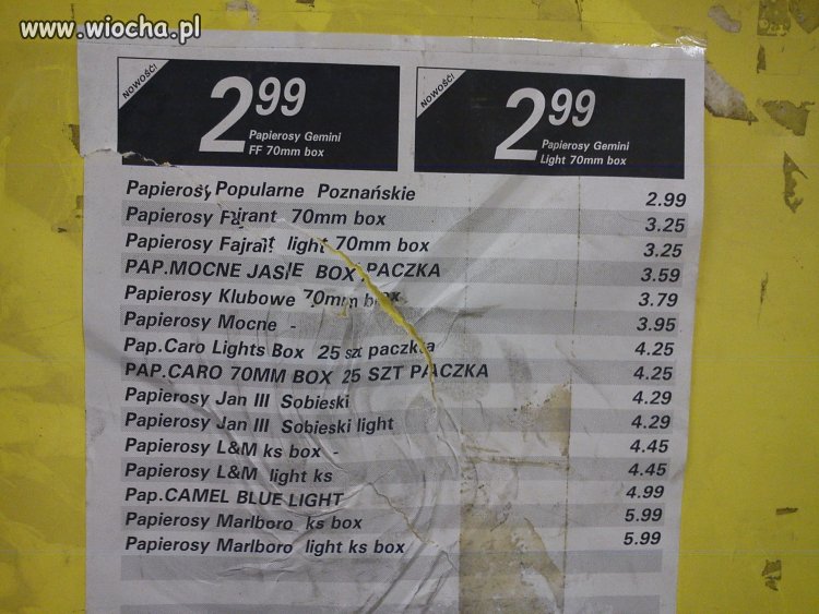 Cennik papierosów sprzed 7 lat 