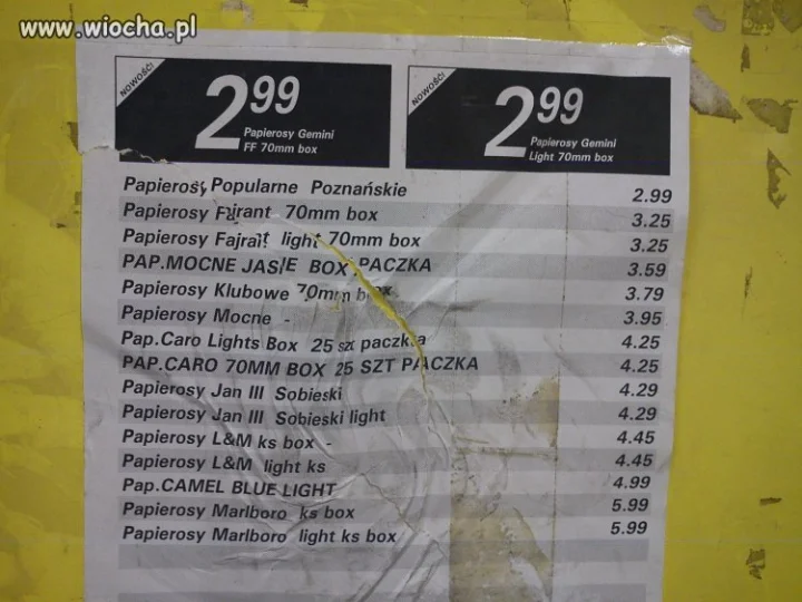 Cennik papierosów sprzed 7 lat 