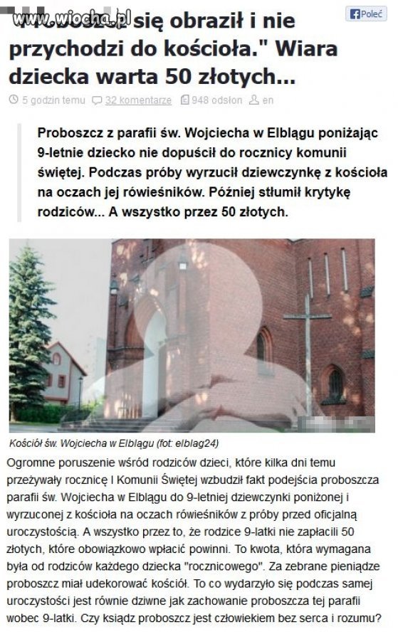 Ksiądz wyrzucił 9-latkę z kościoła...