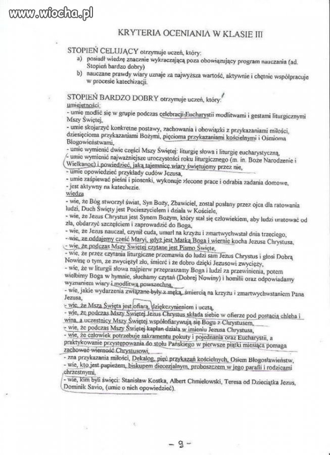 Kryteria oceny z religii 