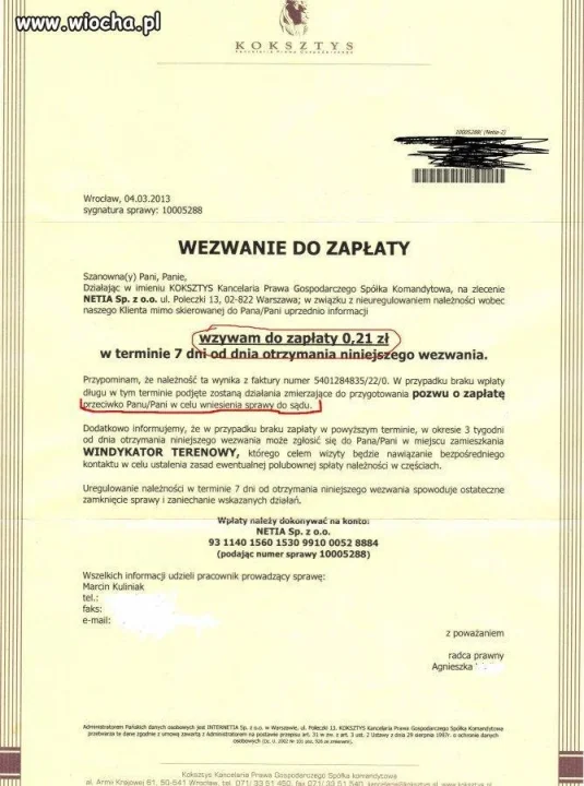 Straszenie sądem za 0,21 zł.