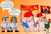 Młodzi bezmyślni idą z czerwonymi sztandarami