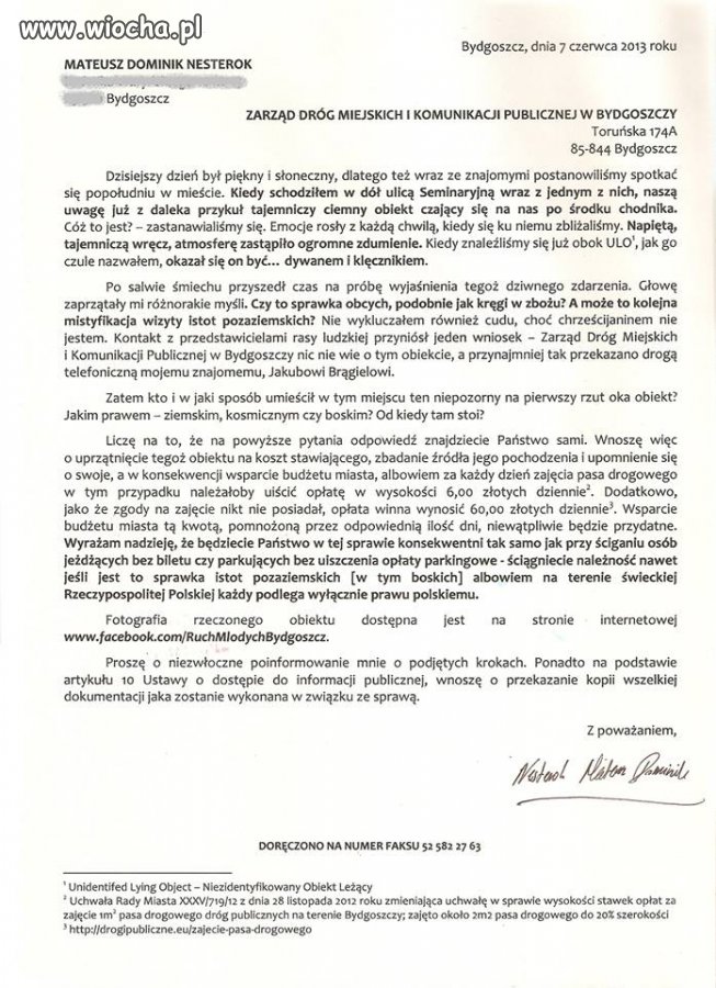 Pismo w sprawie klęcznika 