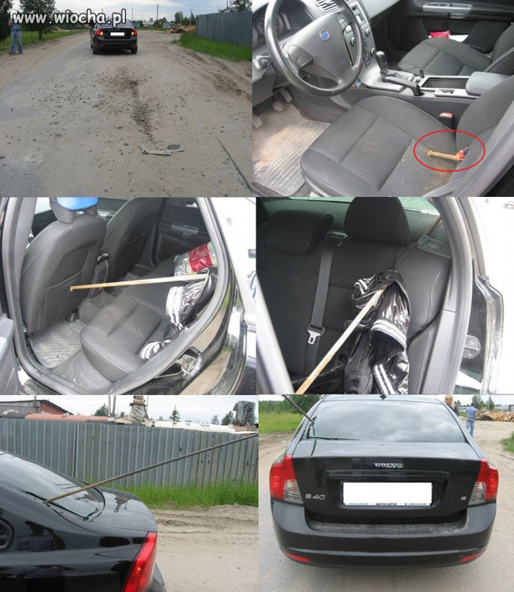 Wystający metalowy pręt z jezdni przebił auto.