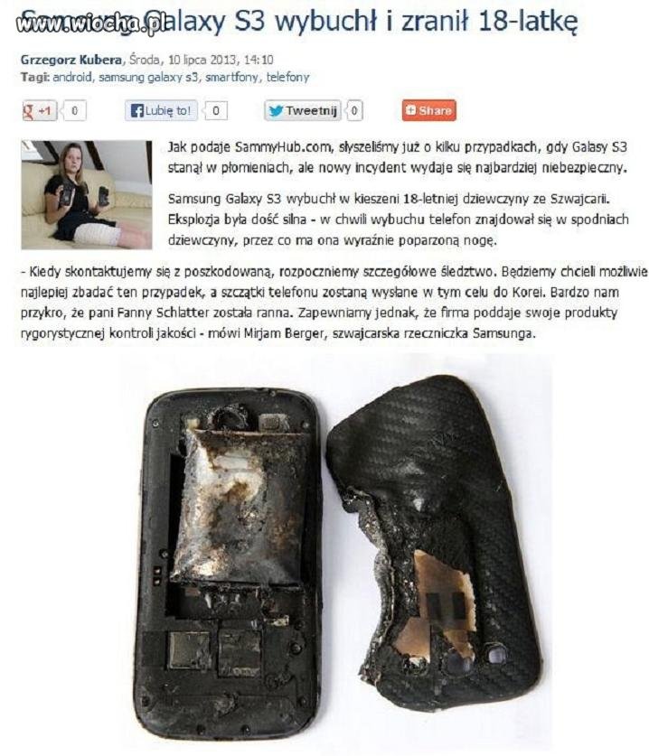 Samsung Galaxy S3 wybuchł i zranił 18-latkę
