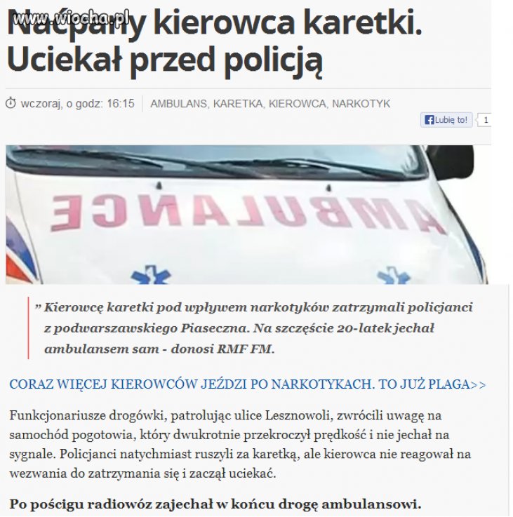 Polska... Naćpany kierowca karetki uciekał 
