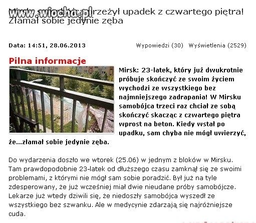 Samobójca przeżył upadek z 4 piętra. Złamał zęba