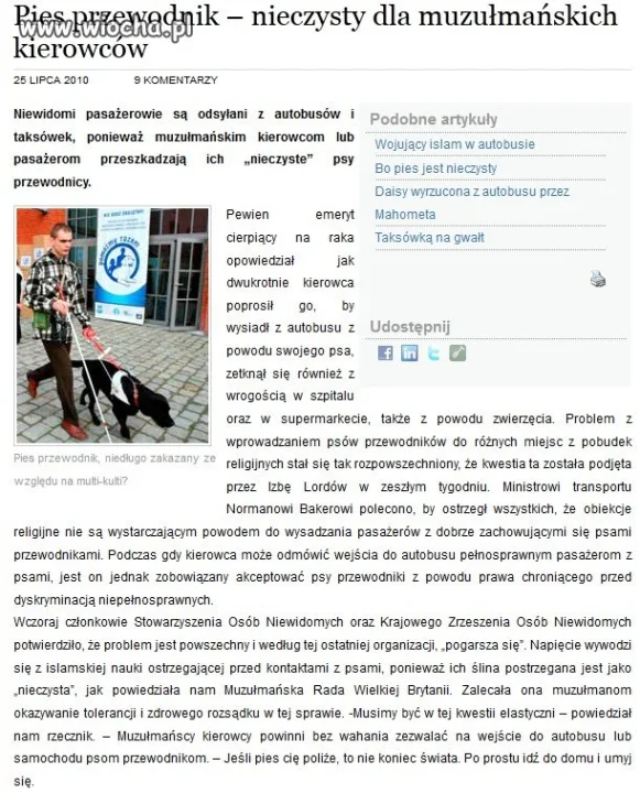 Zakaz wstępu do autobusu z psem przewodnikiem.