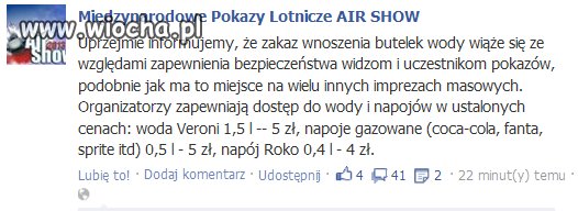 Zakaz wnoszenia butelek wody na pokazy...