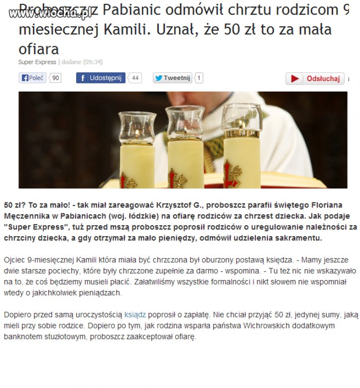 Proboszcz odmówił chrztu-50zł za mało...