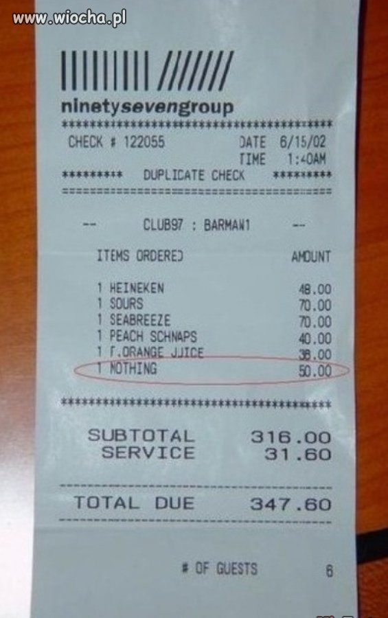 Rachunek od barmana: nic = 50