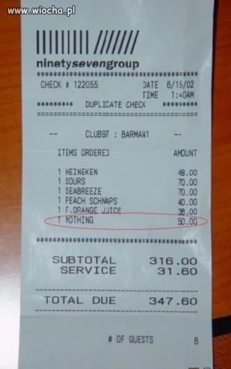 Rachunek od barmana: nic = 50