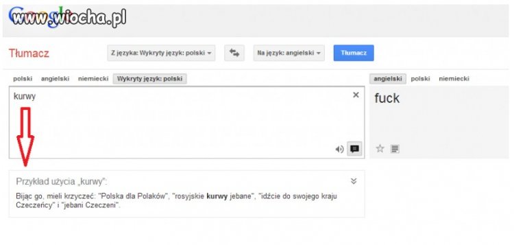 Google Translate daje przykład użycia słowa k..wy