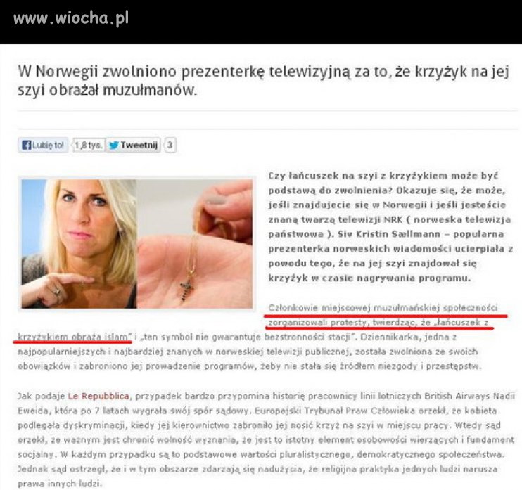 Zwolniona bo krzyżyk obrażał muzułmanów