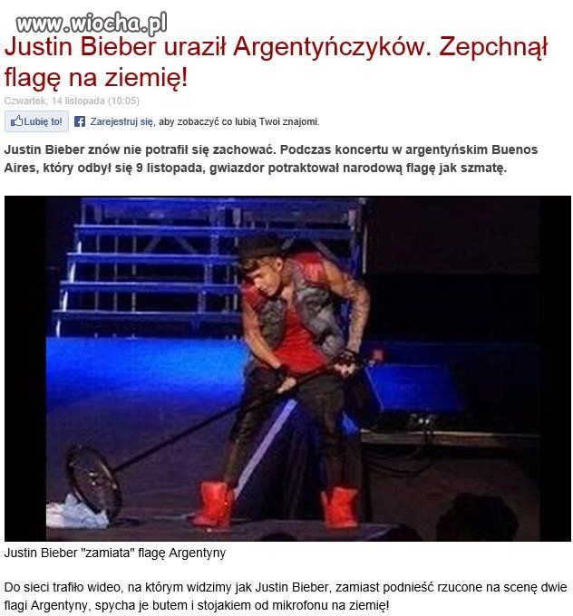 Wieśniak Bieber skopał flagę Argentyny ze sceny...