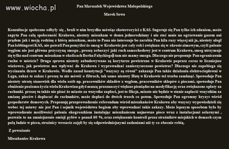 Apel do Pana Marka Sowy Marszałka Małopolski