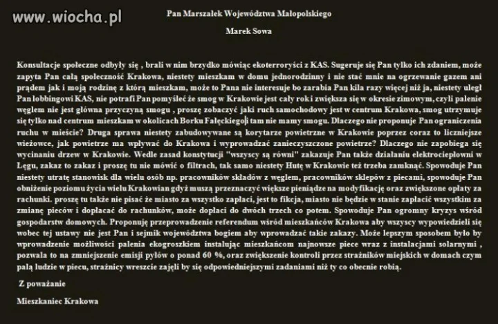 Apel do Pana Marka Sowy Marszałka Małopolski