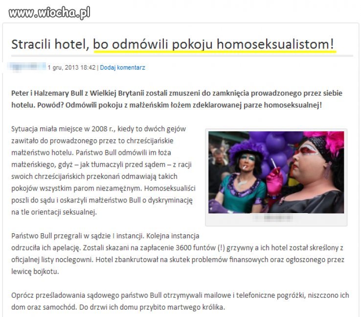 Stracili hotel bo odmówili homoseksualistom 