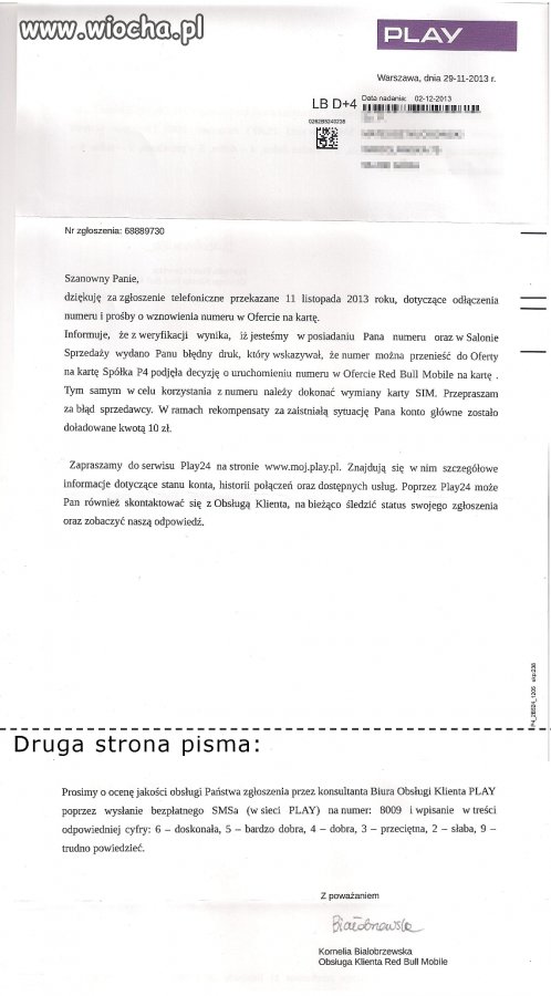 Rekompensata firmy PLAY na Mikołaja - 10zł - kpina