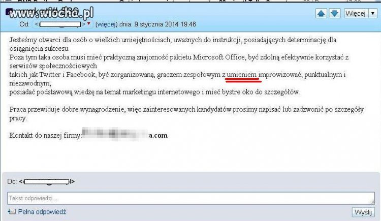 Spam od firmy poszukującej pracowników