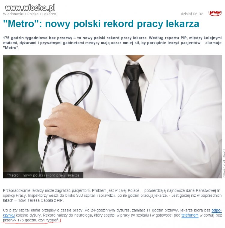 Lekarze mają dłuższy tydzień 175 godz.