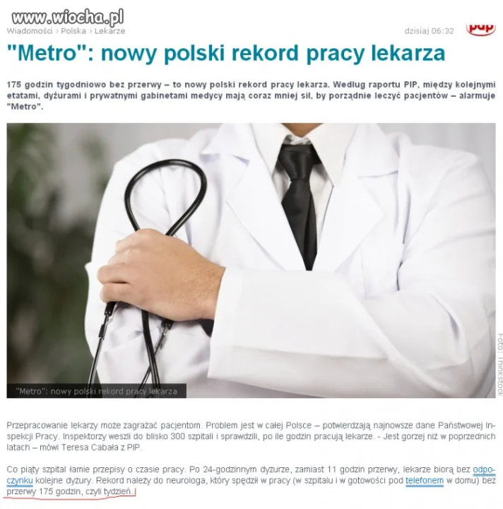 Lekarze mają dłuższy tydzień 175 godz.