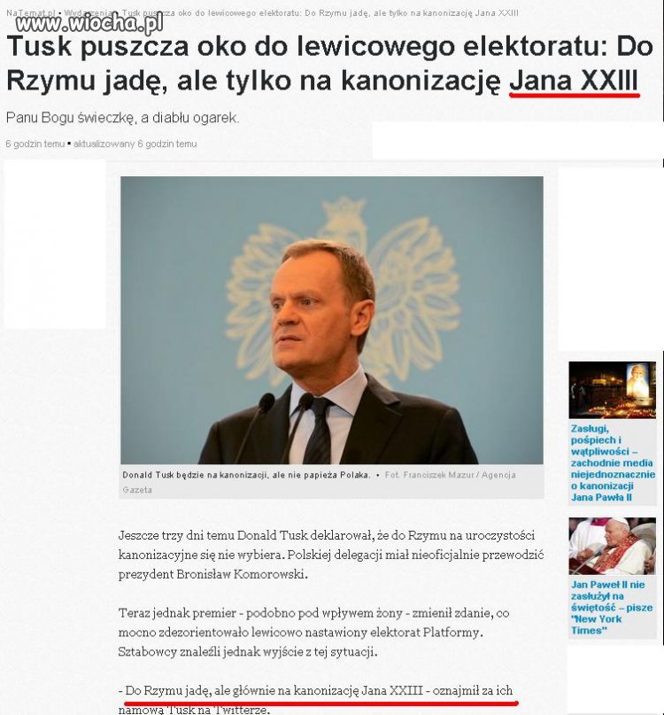 Jedynie Tusk pamięta o kanonizacji Jana XXIII