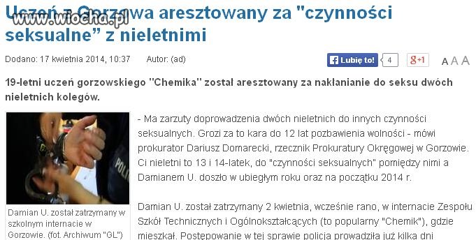 Uczeń aresztowany za czynności seksualne Z nieletnim