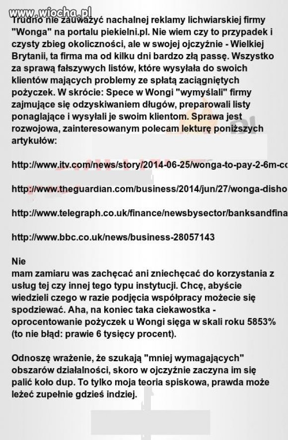 Oprocentowanie pożyczek u Wongi sięga w skali roku 5853%