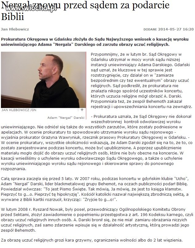 Nergal skrytykował prywatnie biblie