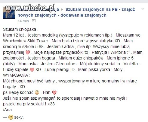 Ma 12 lat jest super i szuka bogatego chłopaka