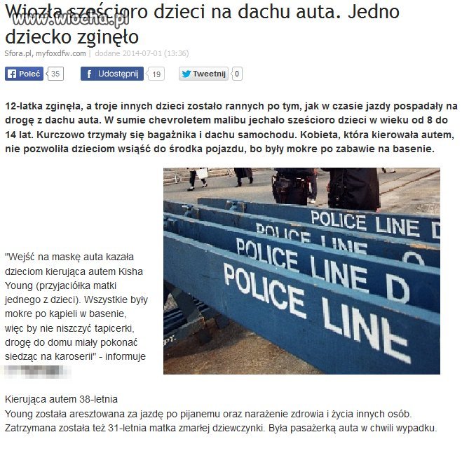 Wiozła sześcioro dzieci na dachu auta.