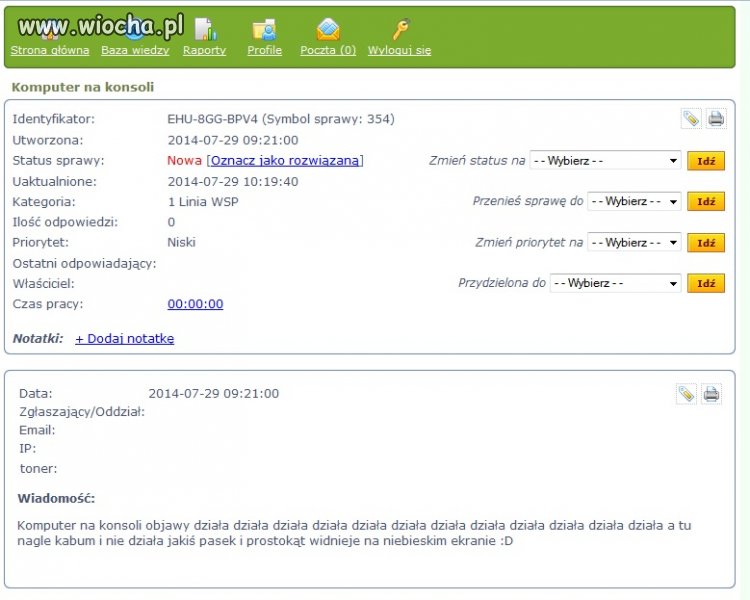 Opis awarii przez informatyka