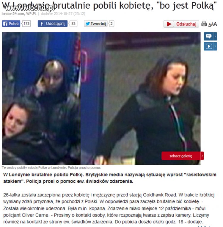Londyn. Polka pobita na tle rasowym przez czarnych.