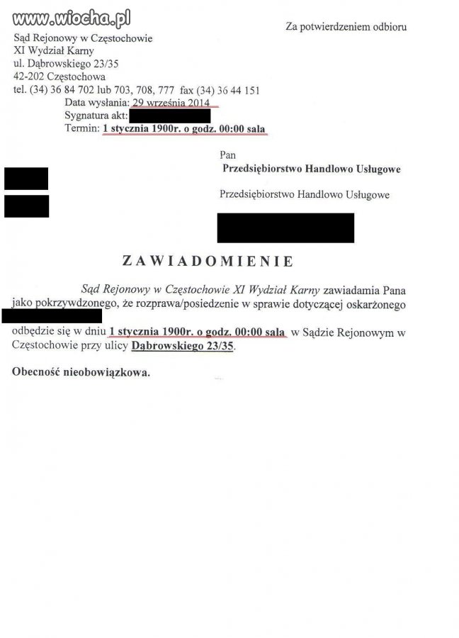 Zawiadomienie z sądu 