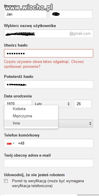 Wybór płci w Google...