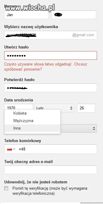 Wybór płci w Google...