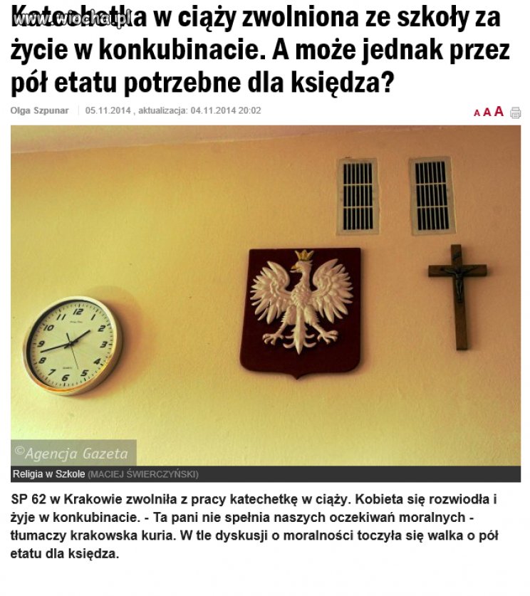 Zwolnili katechetkę bo żyła w konkubinacie.