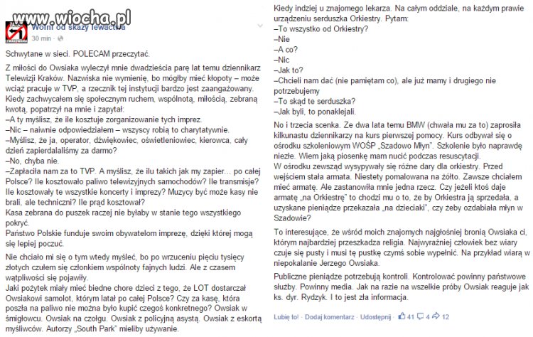 Kolejny głos w sprawie WOŚP i Owsiaka.