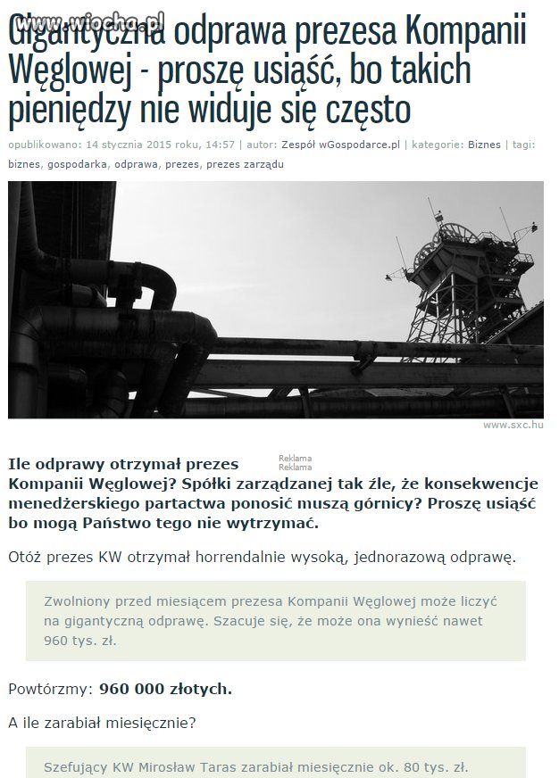 960 tyś. zł dla prezesa Kompanii Węglowej odprawy.