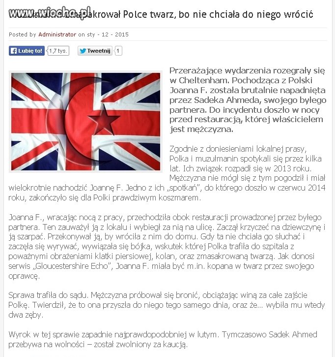 Muzułmanin zmasakrował Polce twarz