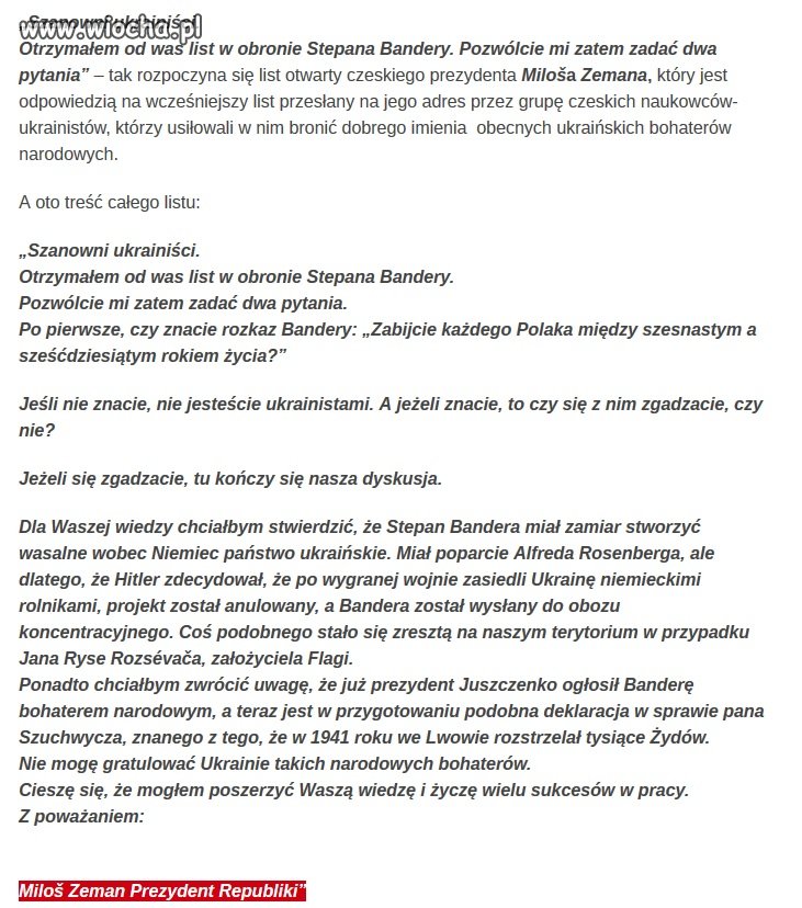 Miloš Zeman - pisze do obecnych władz Ukrainy