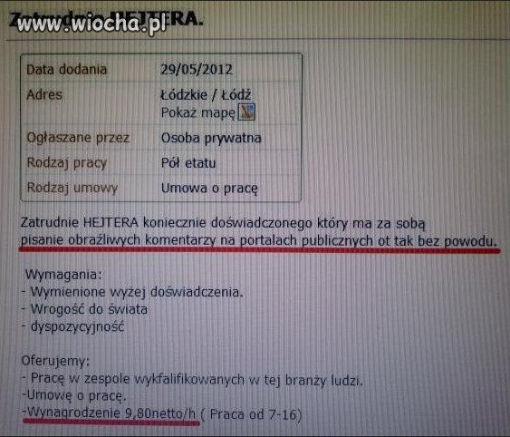 Hejtera zatrudnie od zaraz 