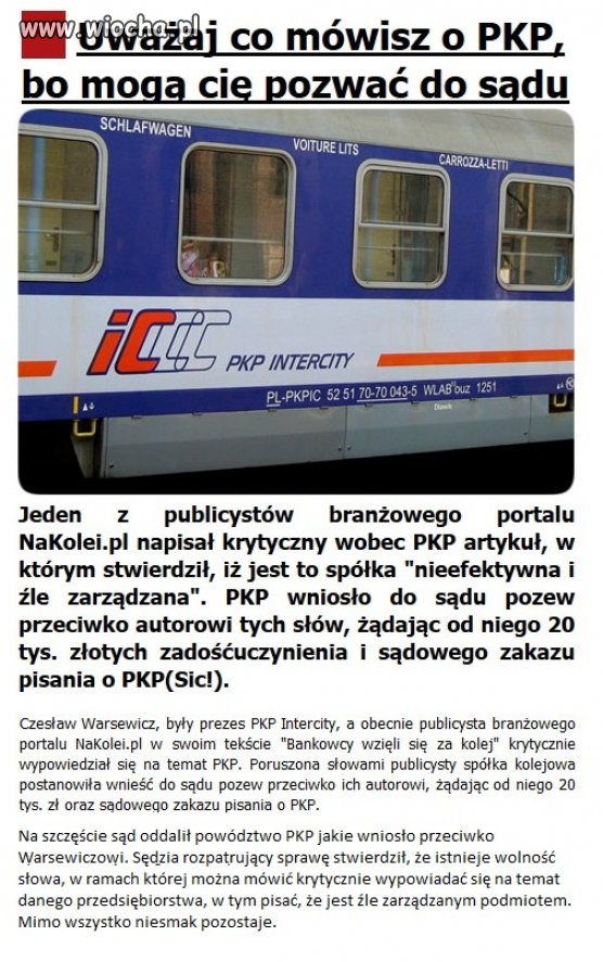 PKP SA może się obrazić i żądać 20 tys. zł