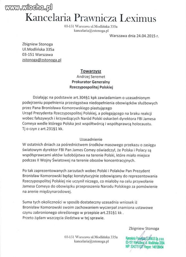 Doniesienie na Prezydenta Bronisław Komoroskiego