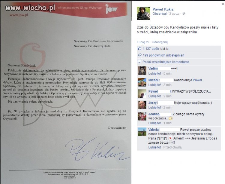 Kukiz dziś wysłał listy do obu kandydatów