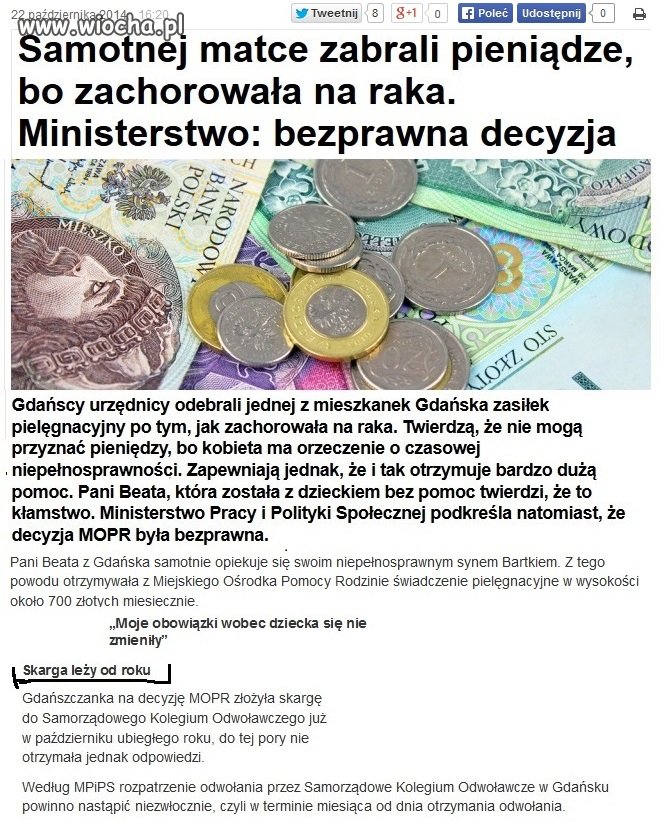 Matce zabrano zasiłek na chorego syna 