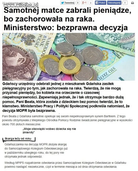 Matce zabrano zasiłek na chorego syna 