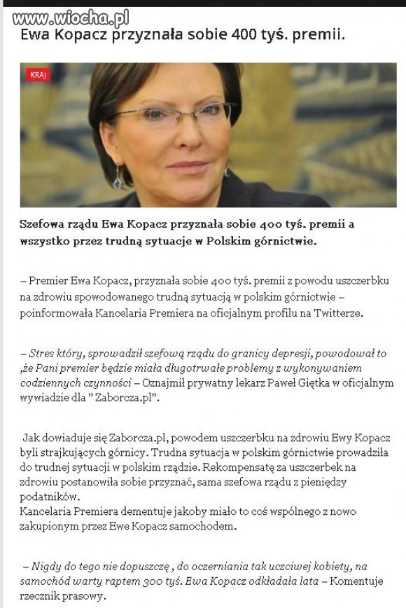 Kopacz przyznała sobie premię!!!